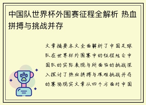 中国队世界杯外围赛征程全解析 热血拼搏与挑战并存