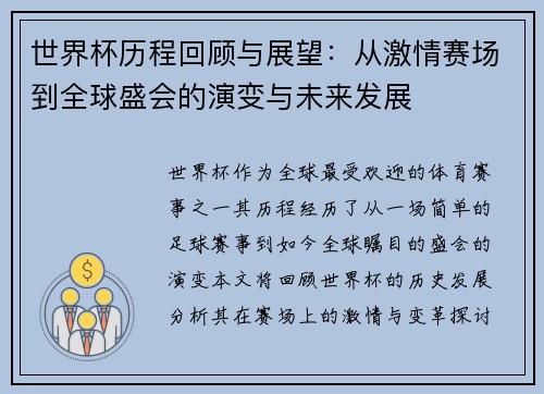 世界杯历程回顾与展望：从激情赛场到全球盛会的演变与未来发展
