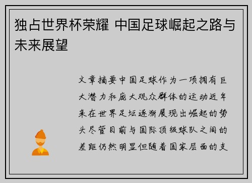 独占世界杯荣耀 中国足球崛起之路与未来展望